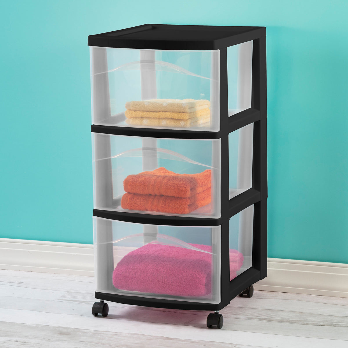 Sterilite 3 Drawer Storage Cart, Plastic Rolling Medium Organizer, Black, 4 Pack