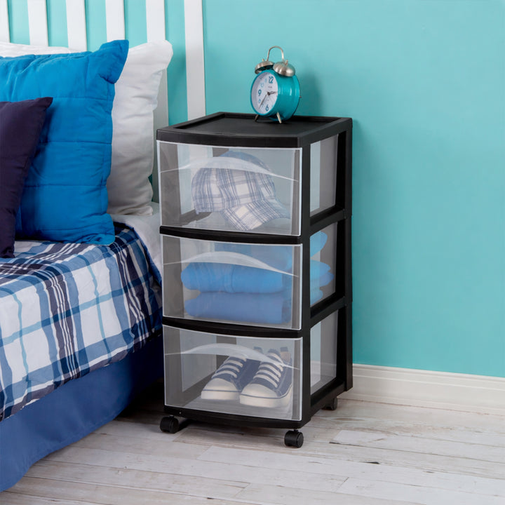 Sterilite 3 Drawer Storage Cart, Plastic Rolling Medium Organizer, Black, 4 Pack