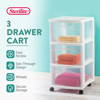 Sterilite 3 Drawer Storage Cart, Plastic Rolling Medium Organizer, White, 8 Pack