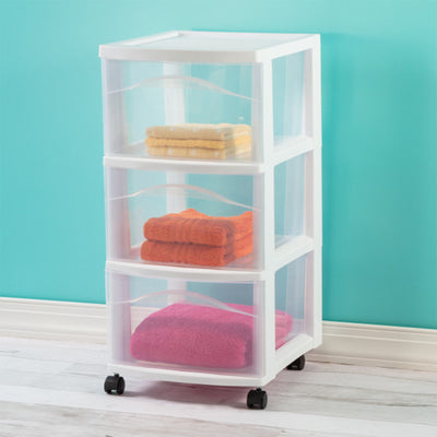 Sterilite 3 Drawer Storage Cart, Plastic Rolling Medium Organizer, White, 8 Pack