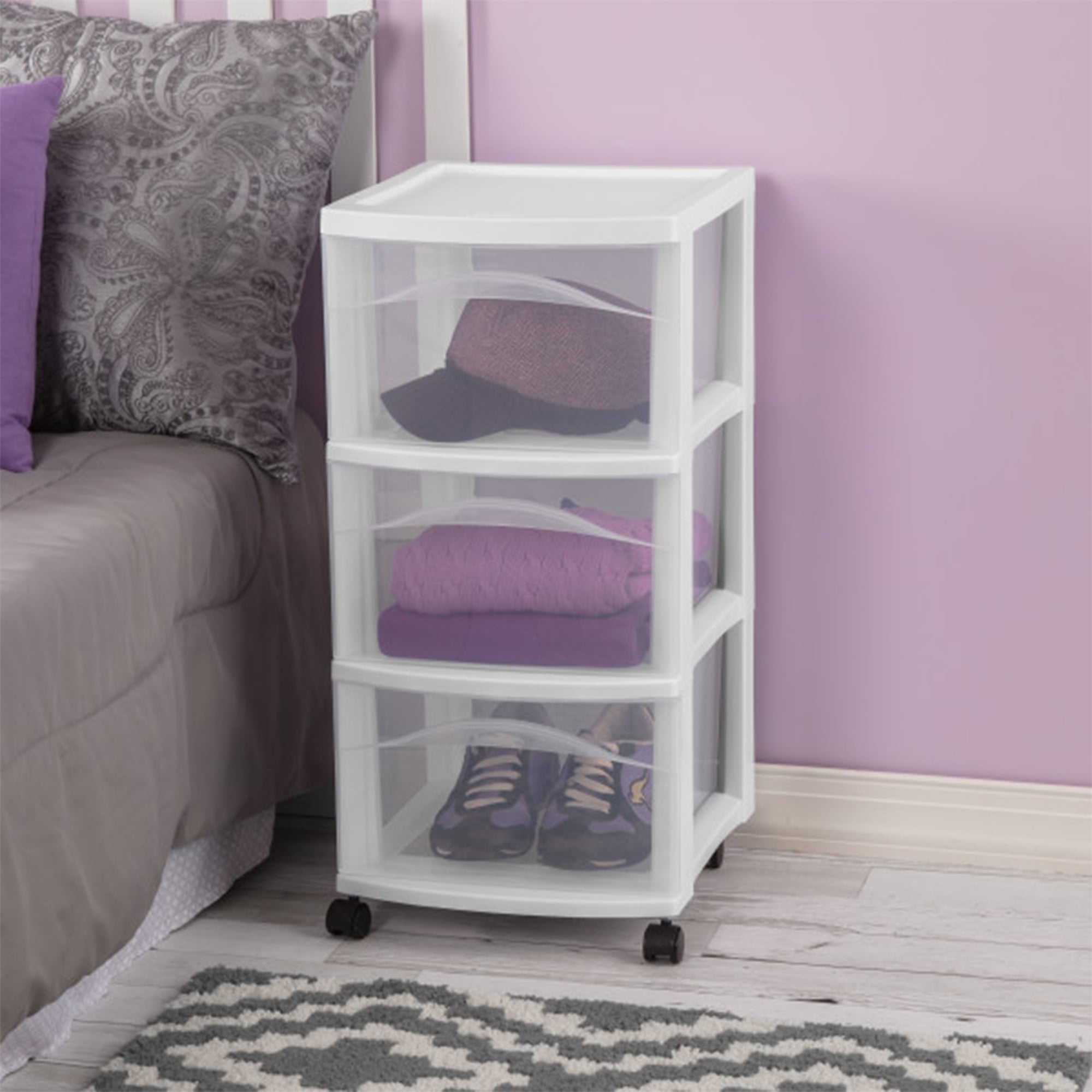 Sterilite 3 Drawer Storage Cart, Plastic Rolling Medium Organizer, White, 8 Pack