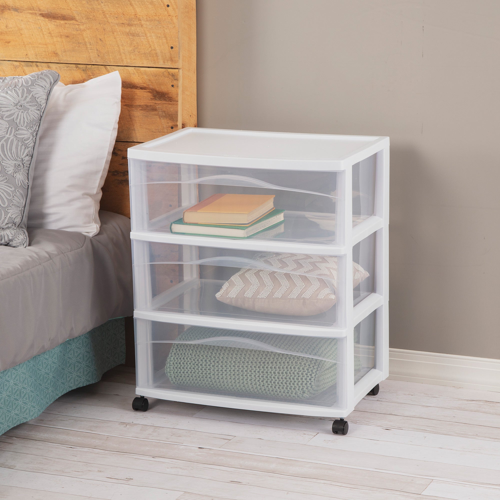 Sterilite Wide 3 Drawer Storage Cart, Plastic Rolling Organizer, White, 4 Pack