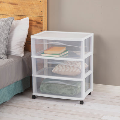 Sterilite Wide 3 Drawer Storage Cart, Plastic Rolling Organizer, White, 4 Pack