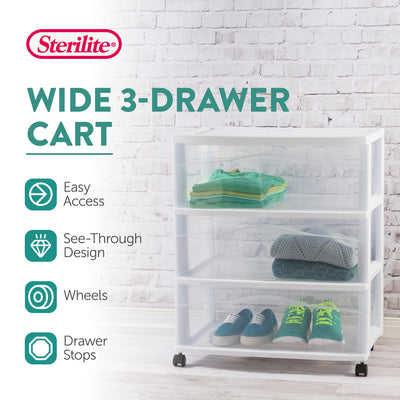 Sterilite Wide 3 Drawer Storage Cart, Plastic Rolling Organizer, White, 4 Pack