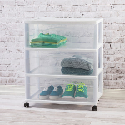Sterilite Wide 3 Drawer Storage Cart, Plastic Rolling Organizer, White, 2 Pack