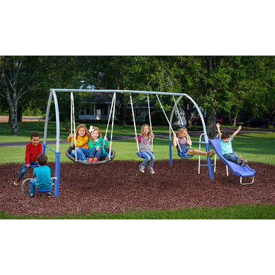 XDP Recreation Gateway Safe-Arch Metal Swing Set for Backyard, Silver and Blue