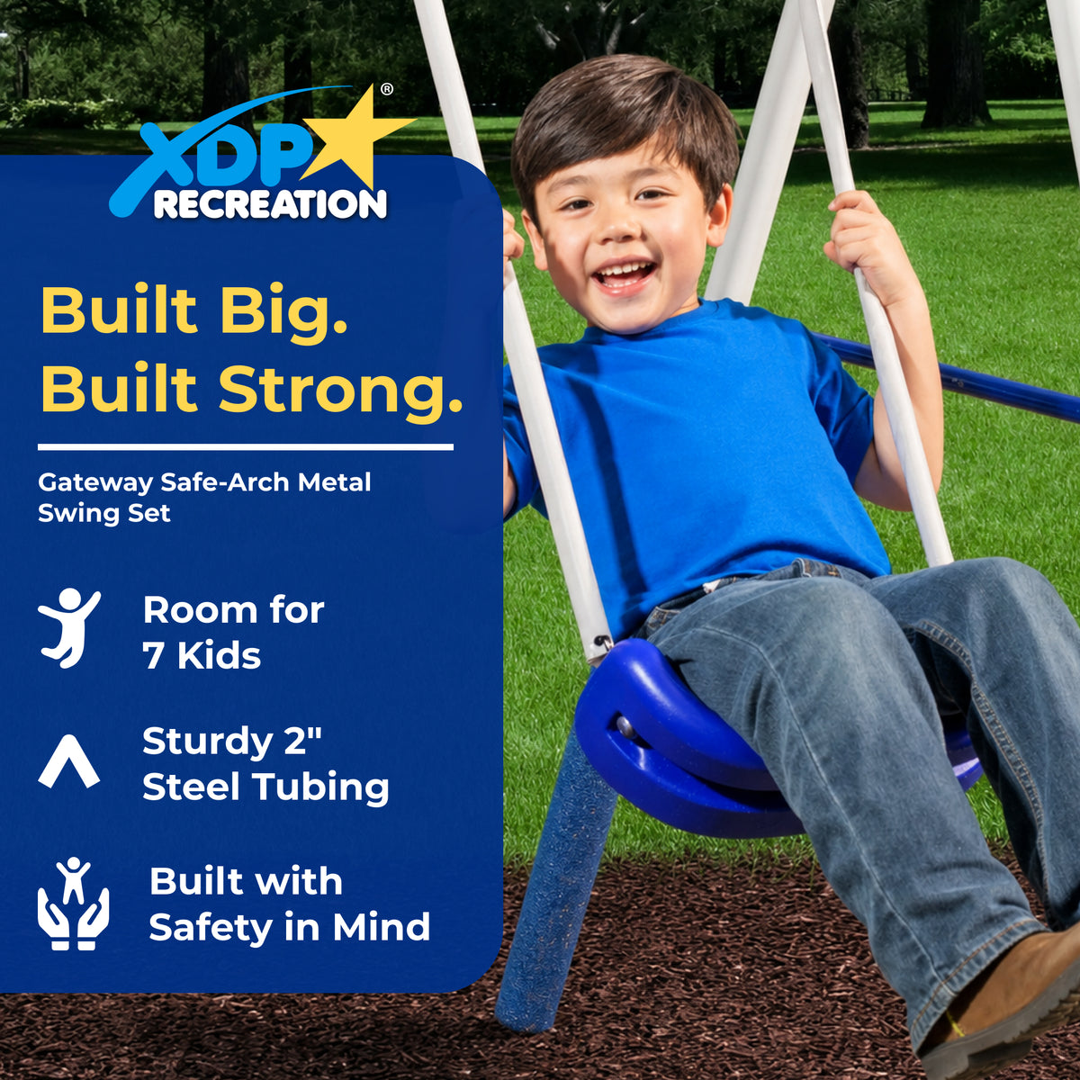 XDP Recreation Gateway Safe-Arch Metal Swing Set for Backyard, Silver and Blue - VMInnovations