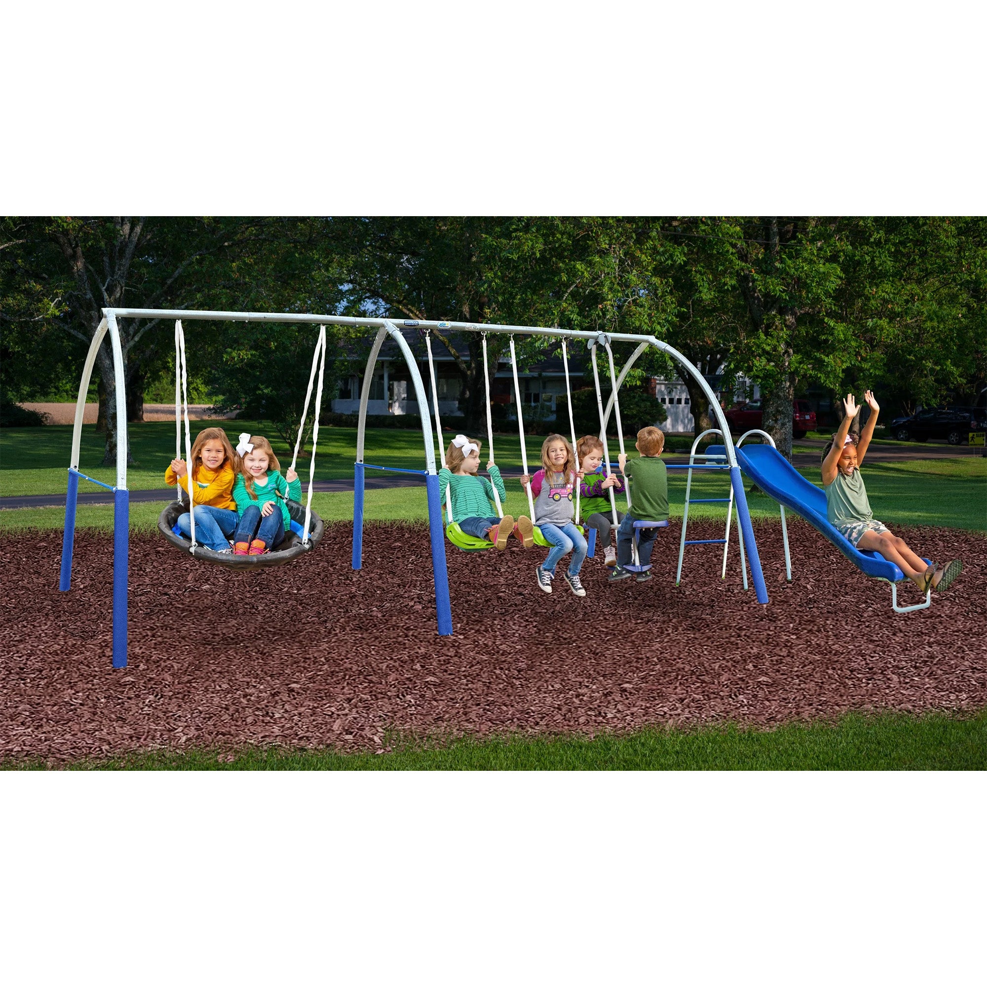 XDP Recreation Palisade Safe-Arch Swing Set for Backyard, Silver, Blue & Green