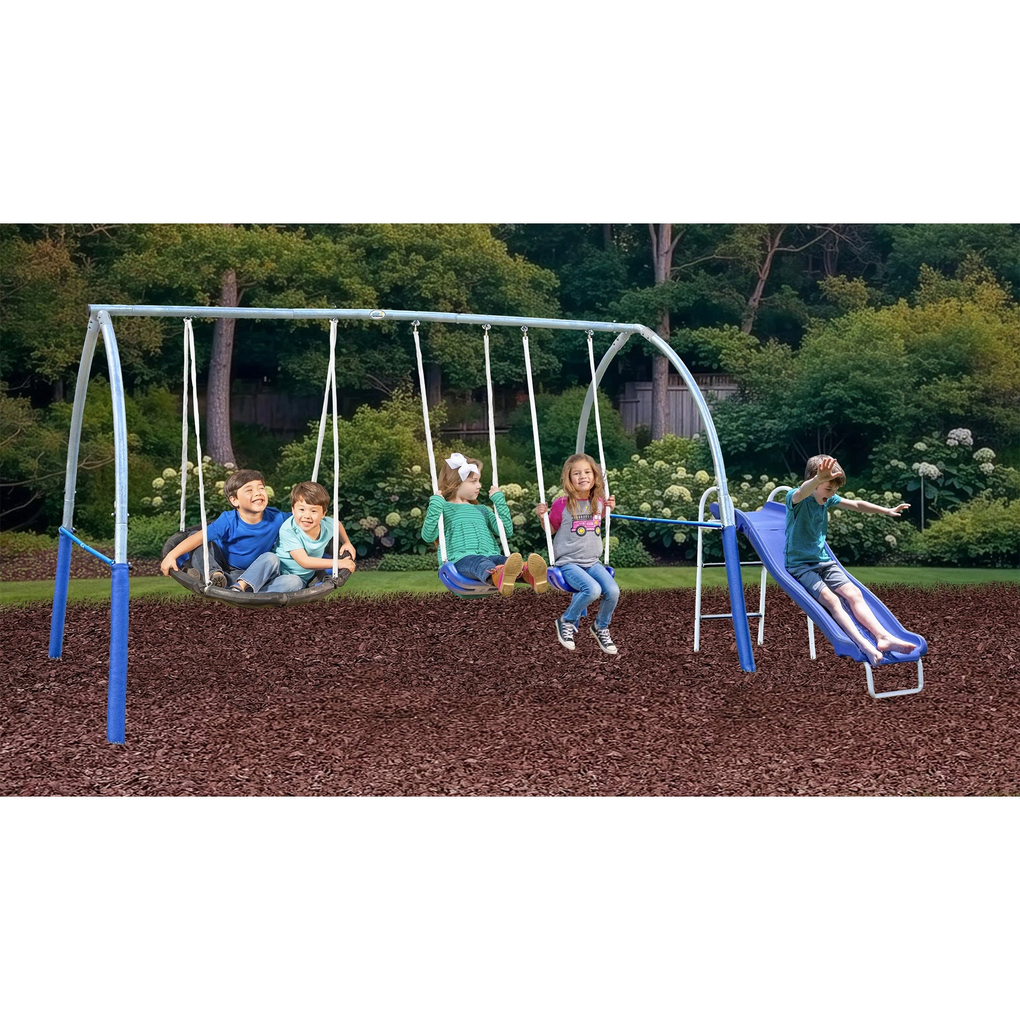 XDP Recreation SuperDisc PLUS Safe-Arch Backyard Swing Set, Metal, Silver & Blue