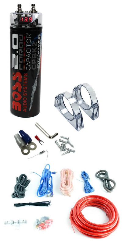 BOSS CPBK2 2.0 FARAD LED Digital Car Capacitor Cap + 4 Gauge Amp Install Kit