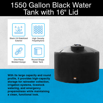 Norwesco Water Tank with 16" Lid, Outdoor Storage Container, 1550 Gallon, Black - VMInnovations