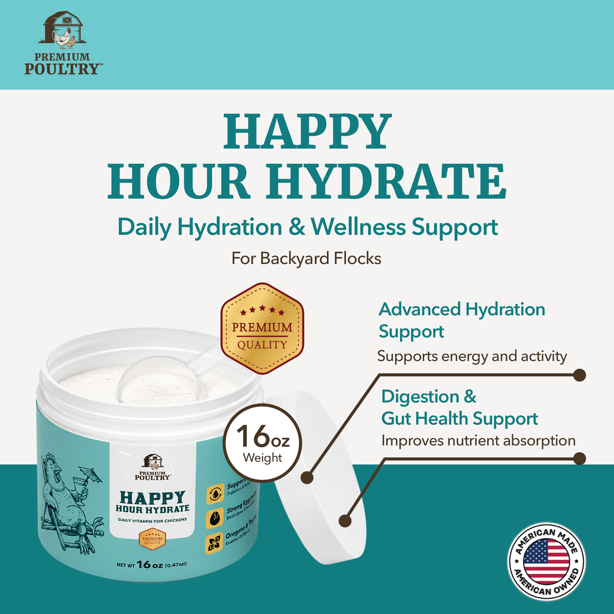 Premium Poultry Happy Hour Hydrate, Electrolytes & Probiotics for Chickens, 16oz
