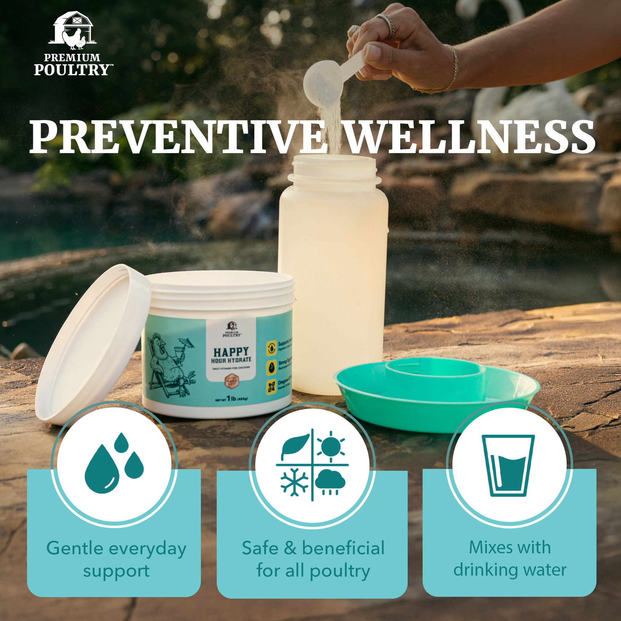 Premium Poultry Happy Hour Hydrate, Electrolytes & Probiotics for Chickens, 16oz