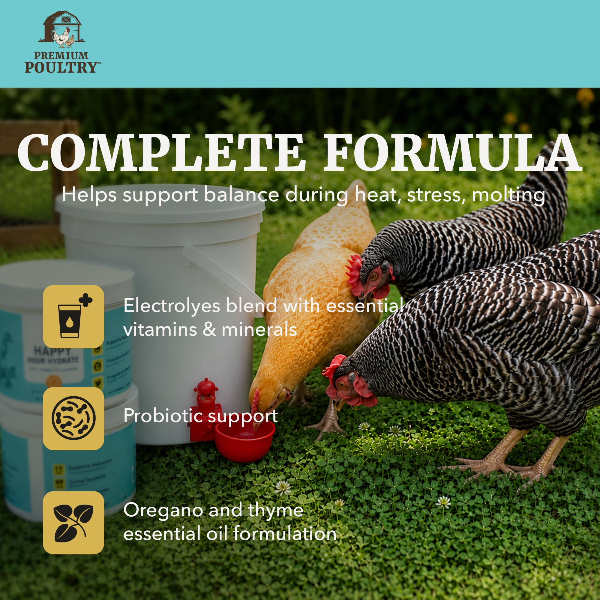 Premium Poultry Happy Hour Hydrate, Electrolytes & Probiotics for Chickens, 16oz