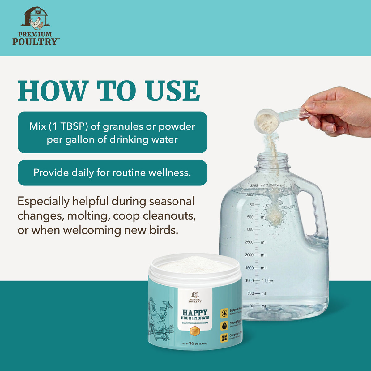 Premium Poultry Happy Hour Hydrate, Electrolytes & Probiotics for Chickens, 16oz