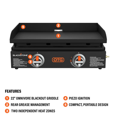 Blackstone OTG 22" Tabletop Griddle with Dual Heating Zones & Piezo Ignition