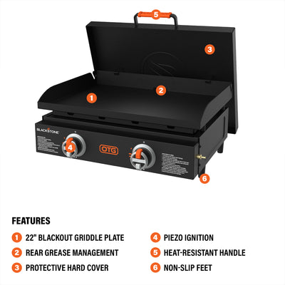 Blackstone OTG 22" Tabletop Griddle with Hard Cover & Dual Heating Zones, Black