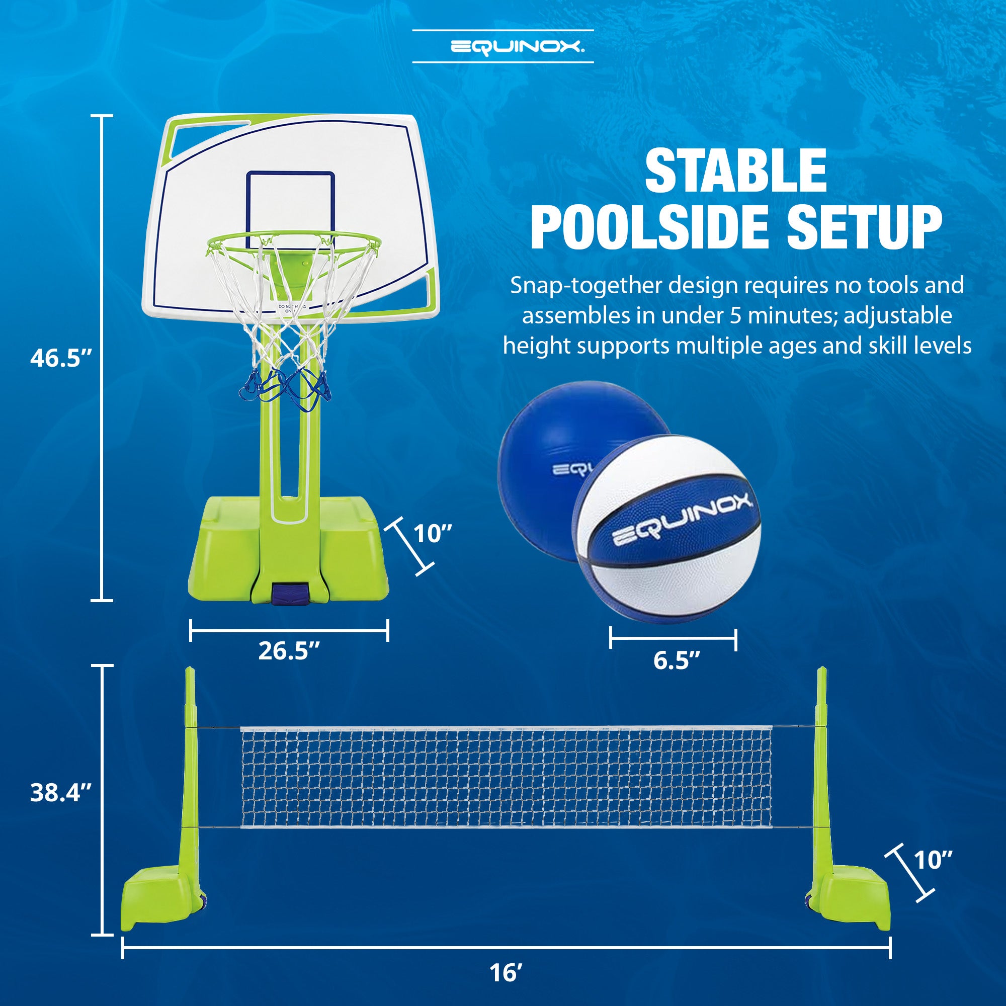 Equinox Pool Basketball and Volleyball Set, Adjustable Poolside Game, (Open Box)