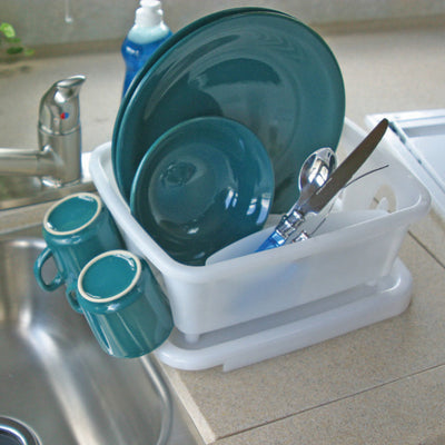 Camco RV Kitchen Mini Dish Drainer and Tray with Sloped Drain Tray Design, White - VMInnovations
