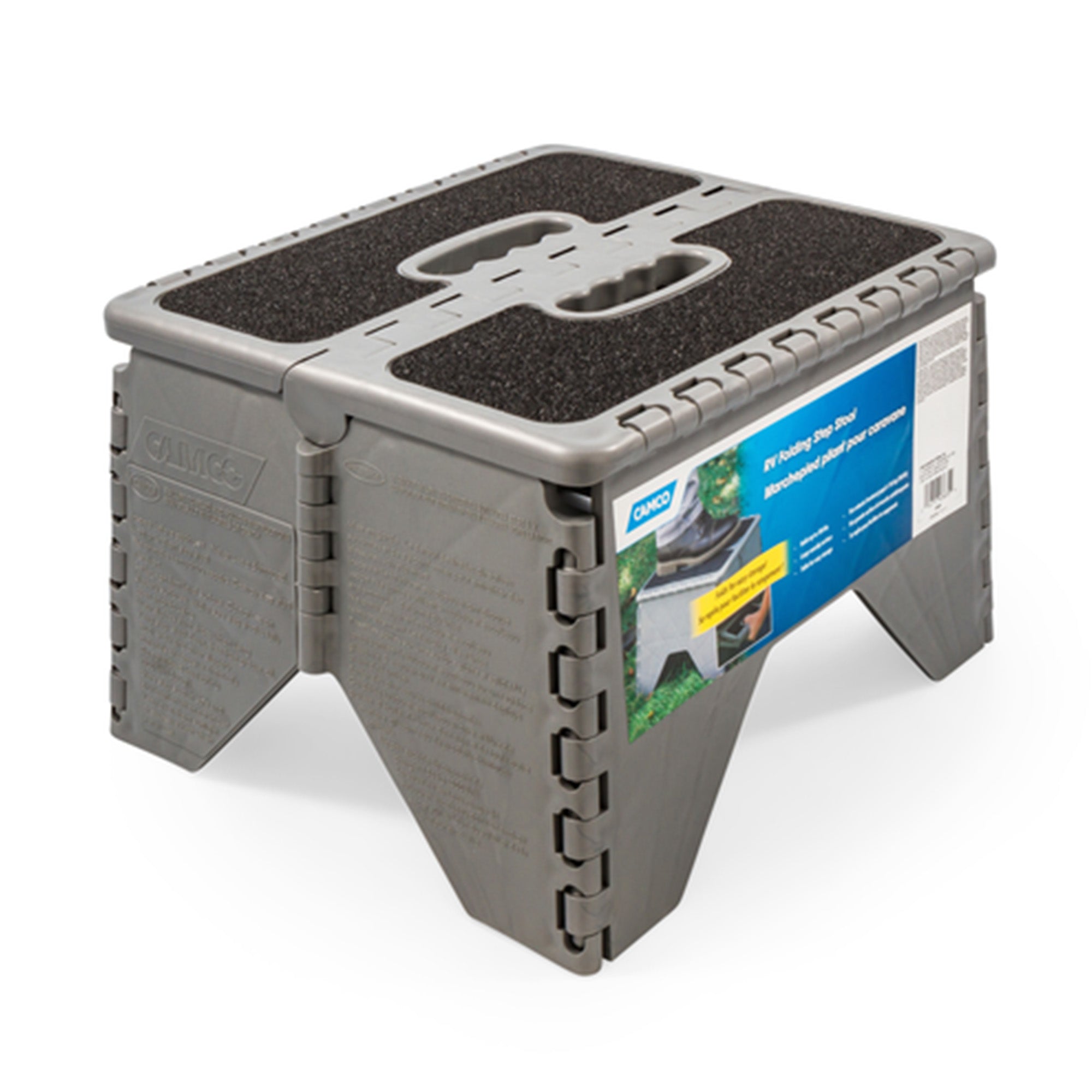Camco 9" Folding Step Stool with Non-Skid Feet, Folds Flat for Storage, Silver - VMInnovations