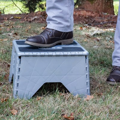 Camco 9" Folding Step Stool with Non-Skid Feet, Folds Flat for Storage, Silver - VMInnovations