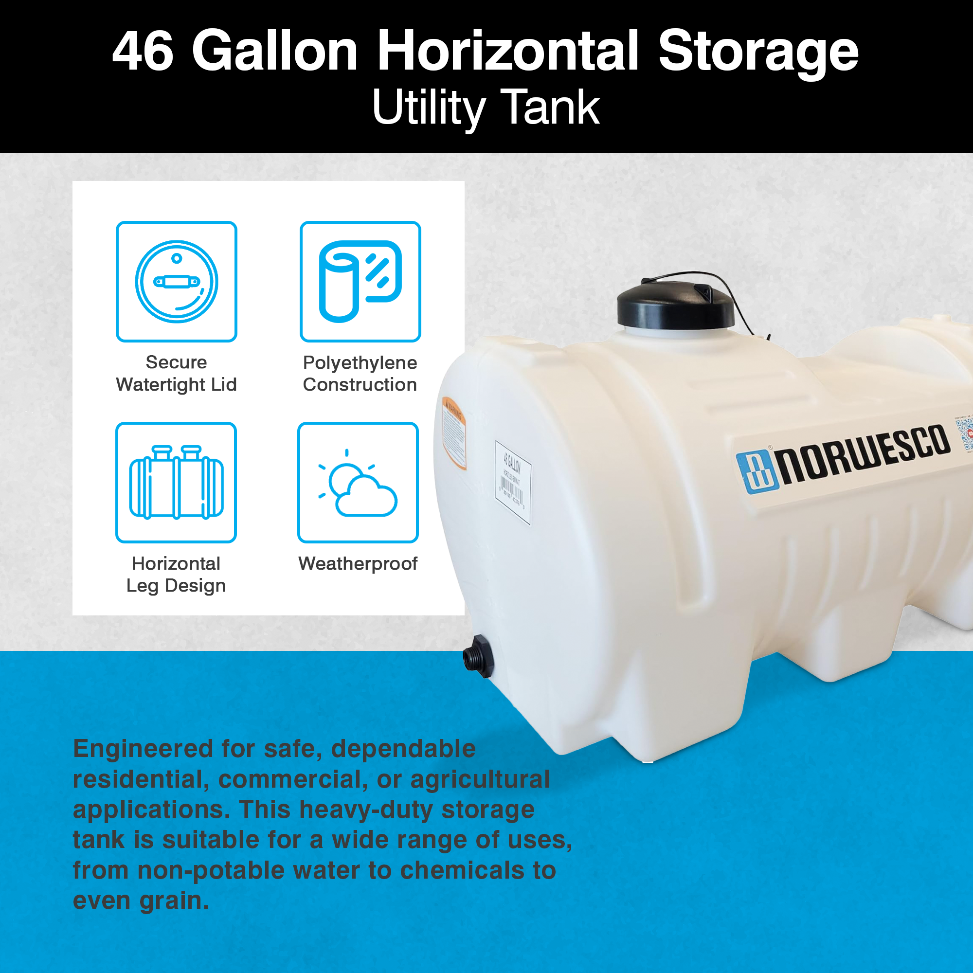 Norwesco 46 Gallon Horizontal Leg Utility Tank, Water Storage Container, White - VMInnovations