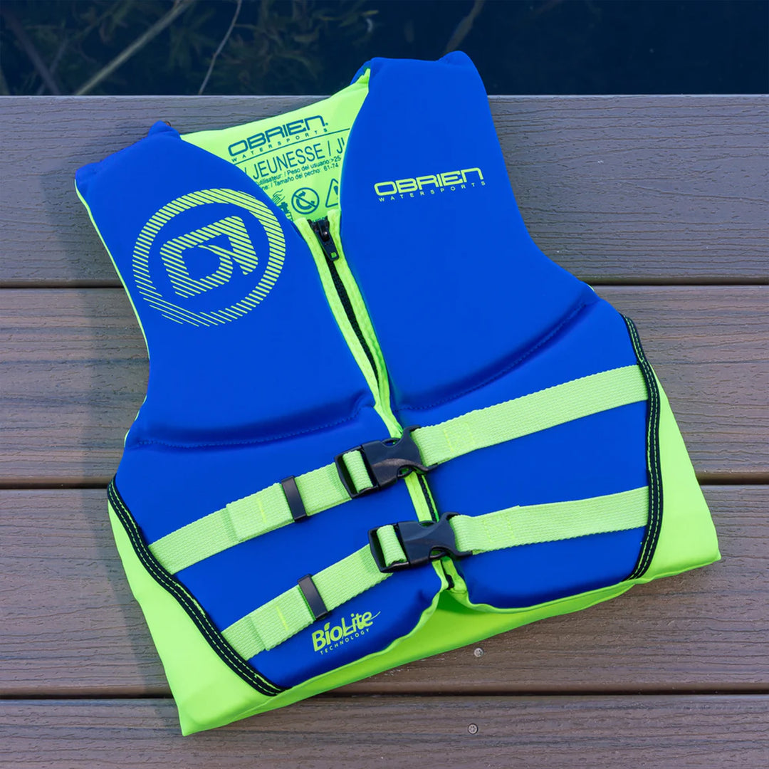 O'Brien Youth Traditional Neoprene CGA Life Jacket, Size 55 to 85 lb, Blue/Green - VMInnovations