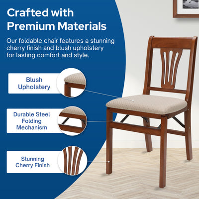 MECO Stakmore Urn Wood Upholstered Fabric Seat Folding Chair Set, Cherry(2 Pack)