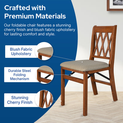 Stakmore Lattice Back Wooden Folding Chairs with Padded Seat, Cherry, Set of 2