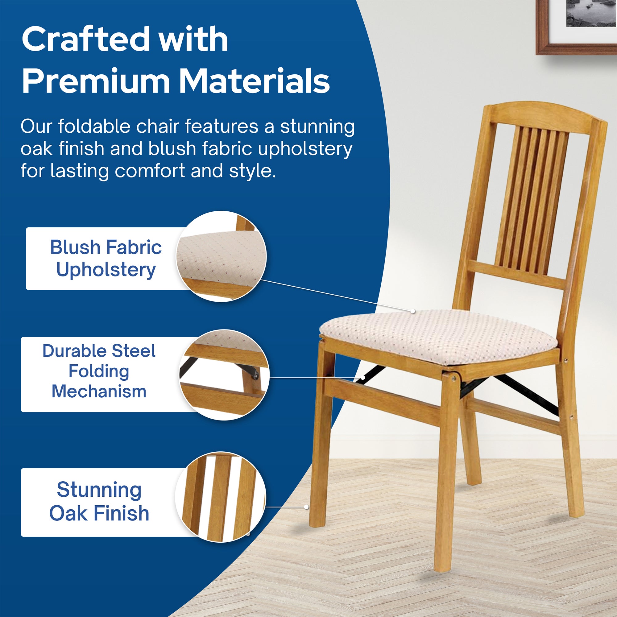 MECO Stakmore Wood Blush Fabric Upholstered Seat Folding Chair Set, Oak (2 Pack) - VMInnovations