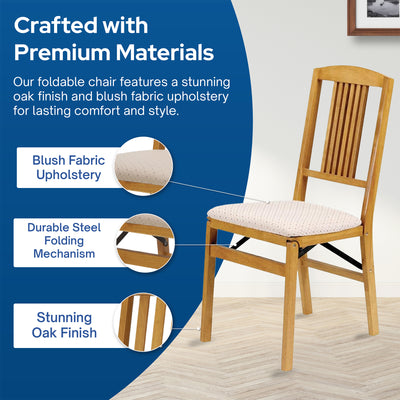MECO Stakmore Wood Blush Fabric Upholstered Seat Folding Chair Set, Oak (2 Pack) - VMInnovations