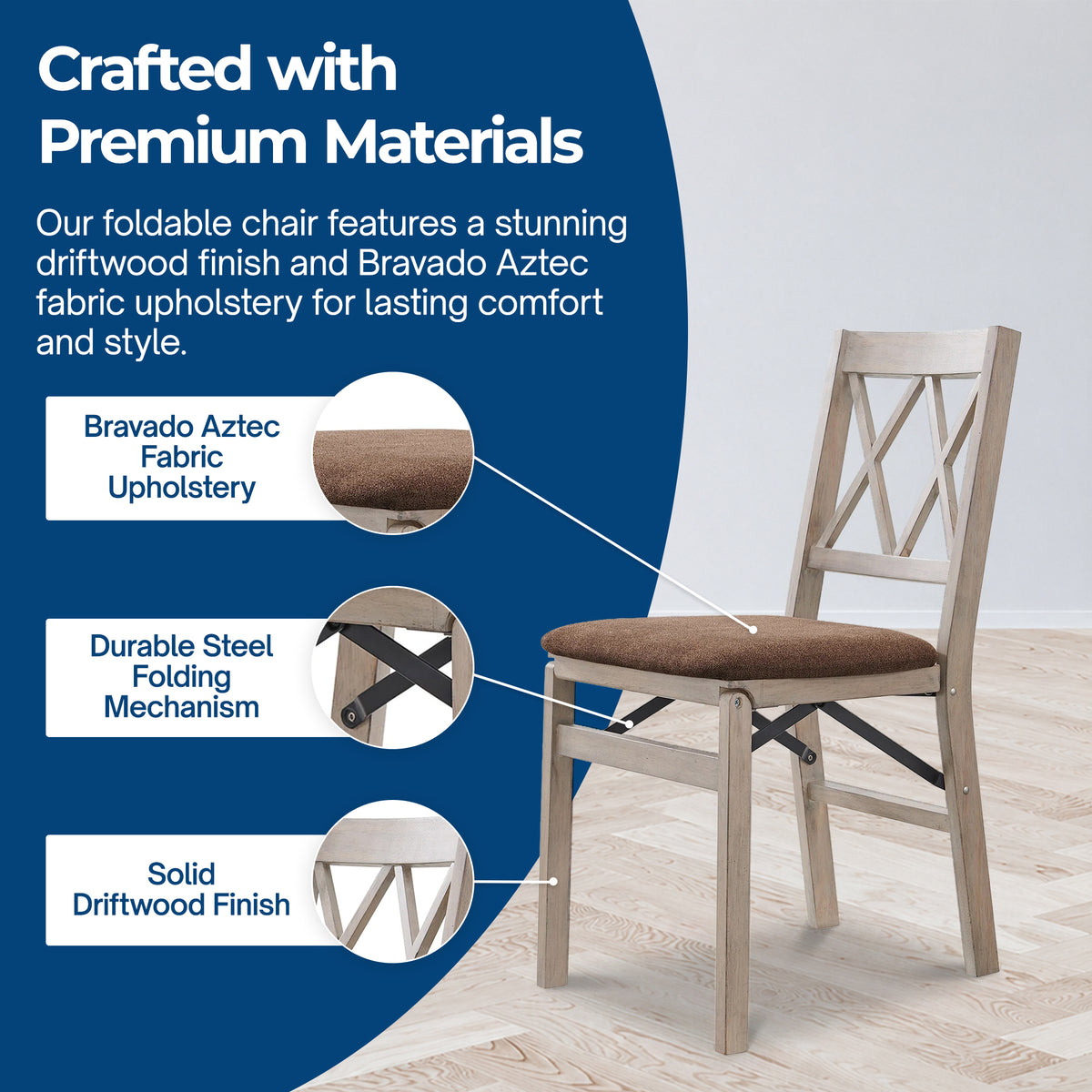 Stakmore Double X Wooden Folding Dining Chairs, Padded Seat, Driftwood, Set of 2