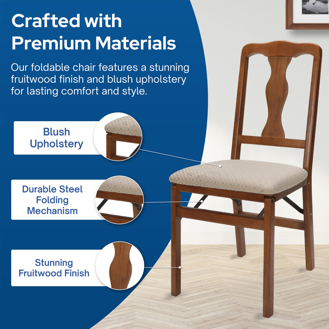 Stakmore Queen Anne Wooden Folding Chair with Padded Seat, Fruitwood, Set of 2 - VMInnovations