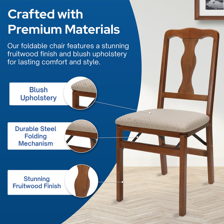 Stakmore Queen Anne Wooden Folding Chair with Padded Seat, Fruitwood, Set of 2 - VMInnovations