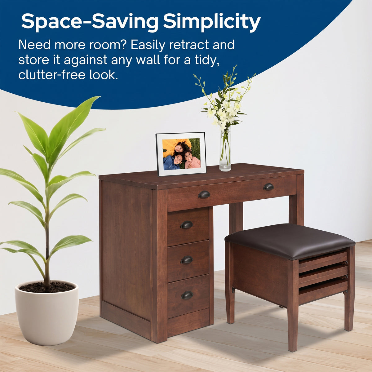 Stakmore Wooden Expanding Desk with Ottoman and 3 Functioning Drawers, Walnut - VMInnovations