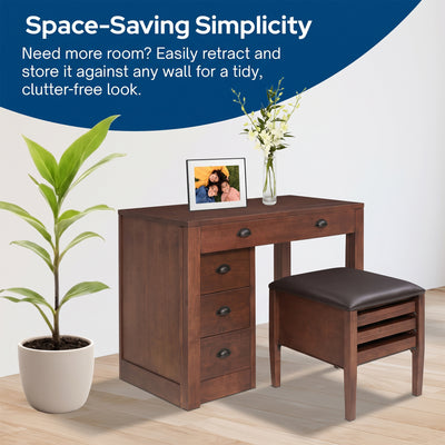 Stakmore Wooden Expanding Desk with Ottoman and 3 Functioning Drawers, Walnut - VMInnovations