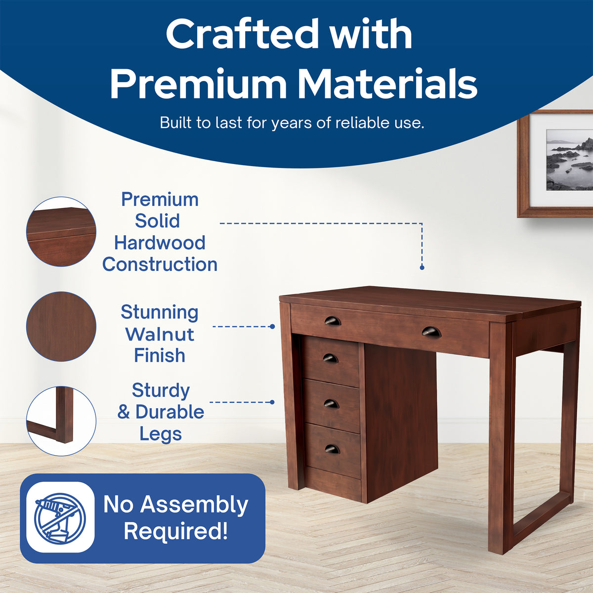 Stakmore Wooden Expanding Desk with Ottoman and 3 Functioning Drawers, Walnut - VMInnovations