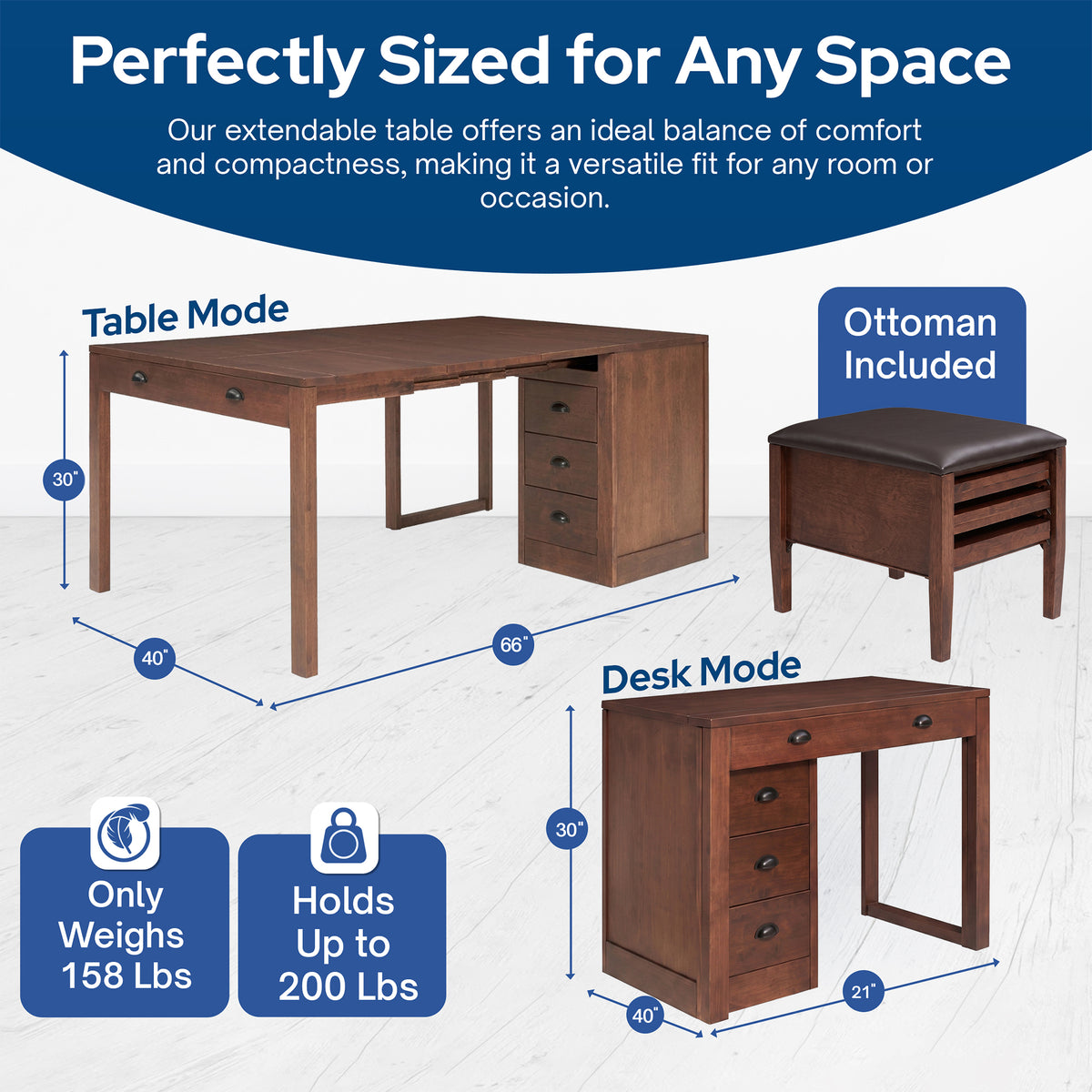 Stakmore Wooden Expanding Desk with Ottoman and 3 Functioning Drawers, Walnut - VMInnovations