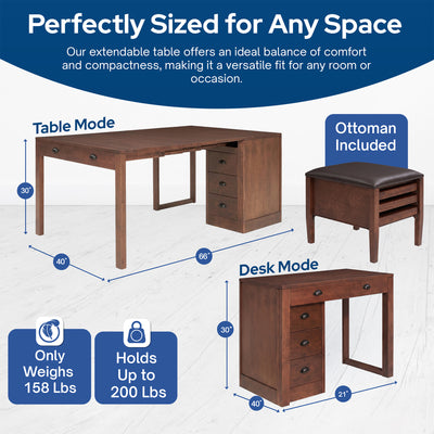 Stakmore Wooden Expanding Desk with Ottoman and 3 Functioning Drawers, Walnut - VMInnovations