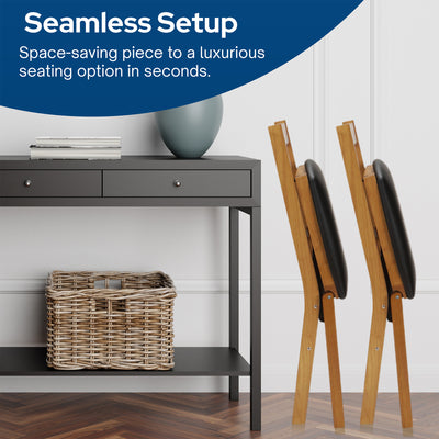 Stakmore Wood Black Vinyl Upholstered Seat Folding Chair Set, Oak 2 Pk (Used)