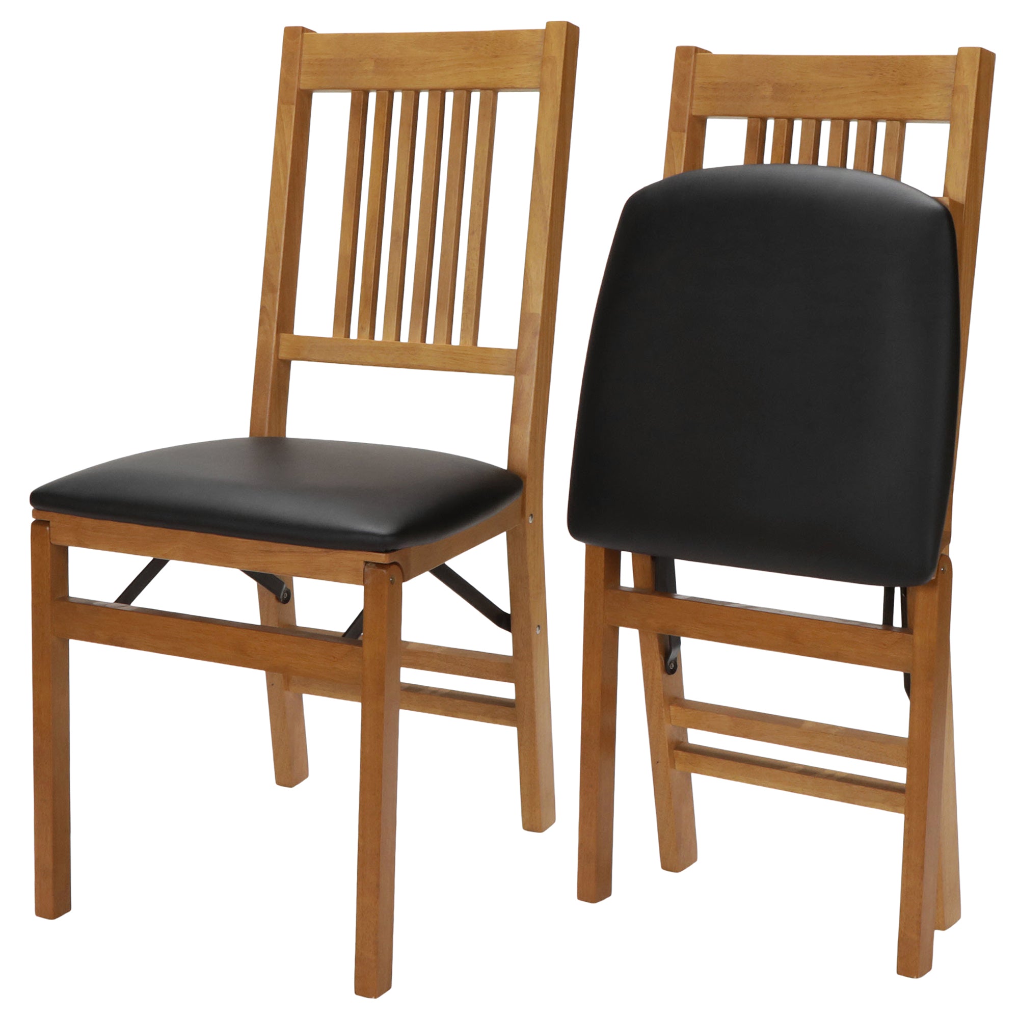 Stakmore Wood Black Vinyl Upholstered Seat Folding Chair Set, Oak 2 Pk (Used)