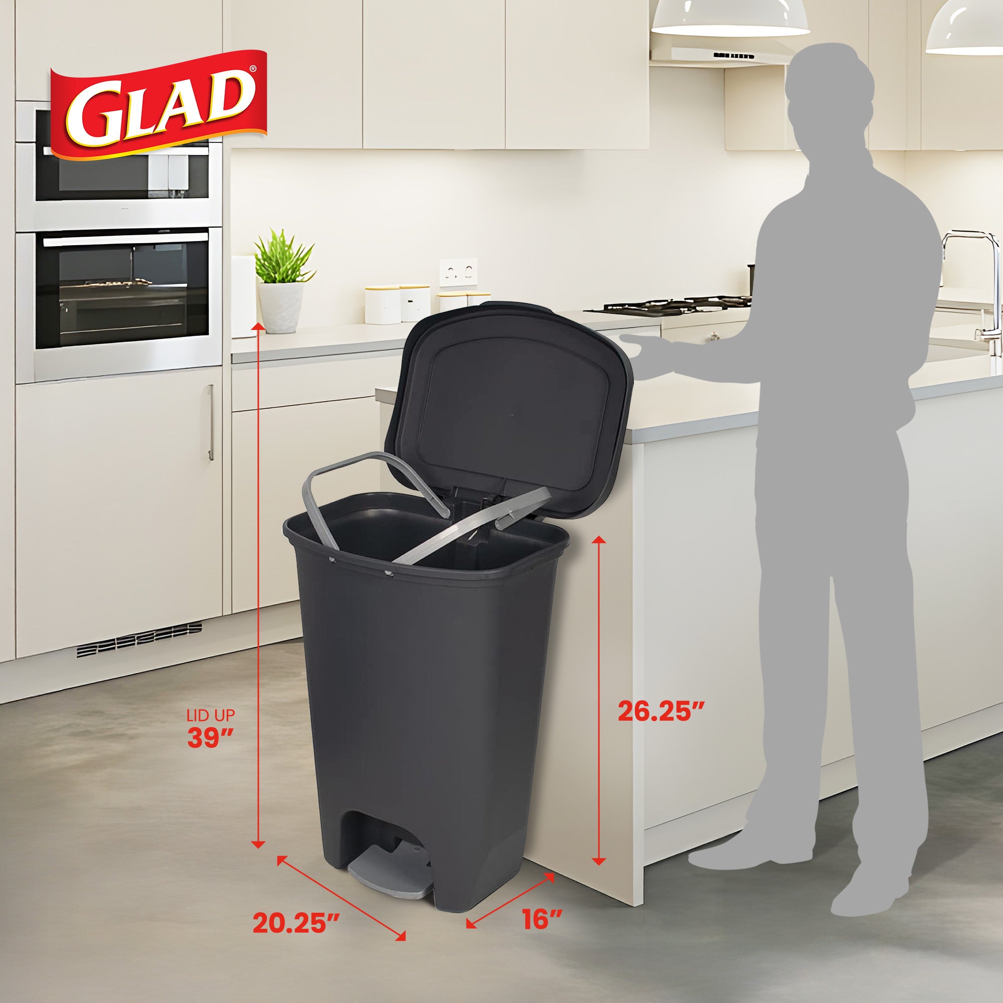 Glad 13 Gal Trash Can w/Step Pedal & Odor Protection, Charcoal, 2pk (Open Box)