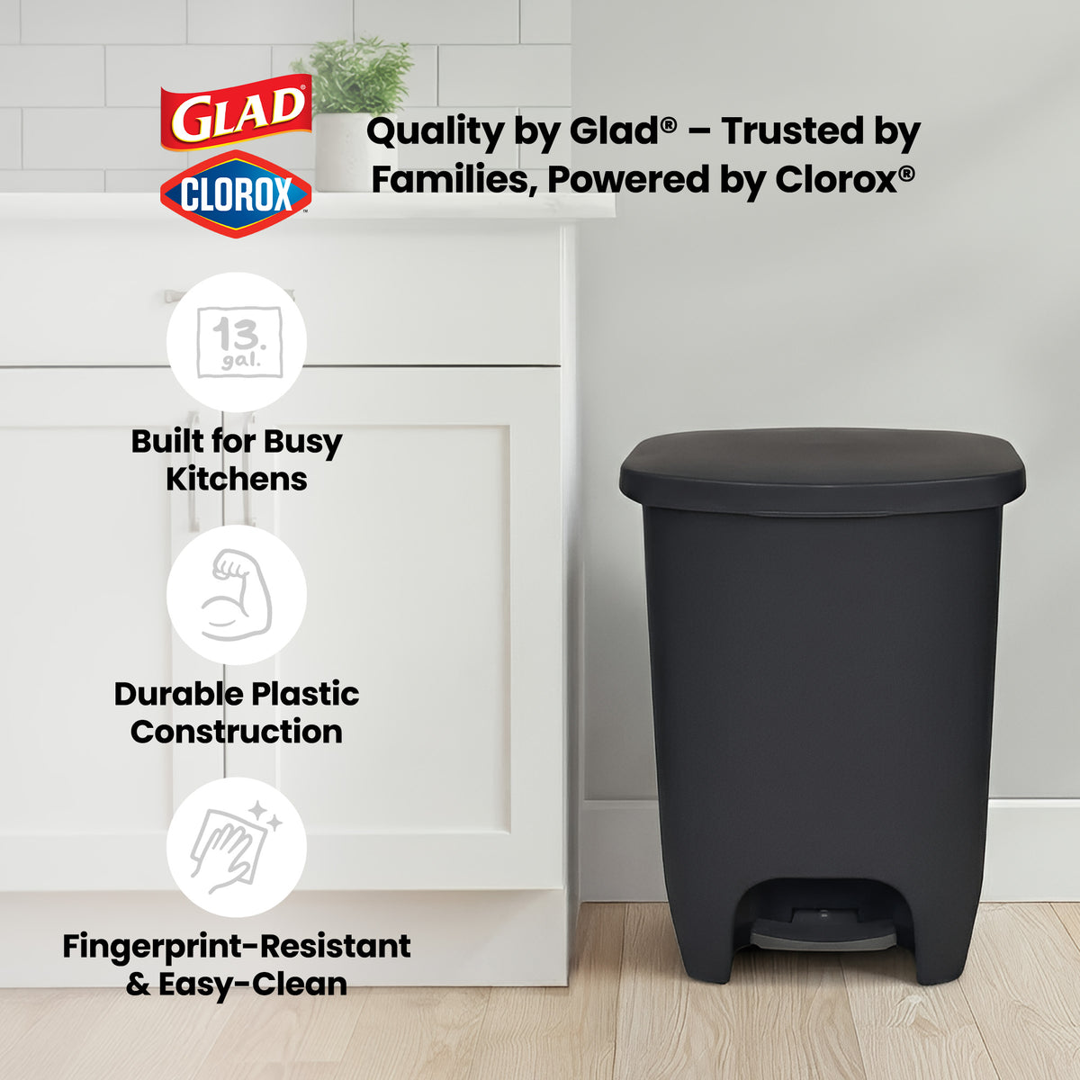 Glad 13 Gal Trash Can w/Step Pedal & Odor Protection, Charcoal, 2pk (Open Box)