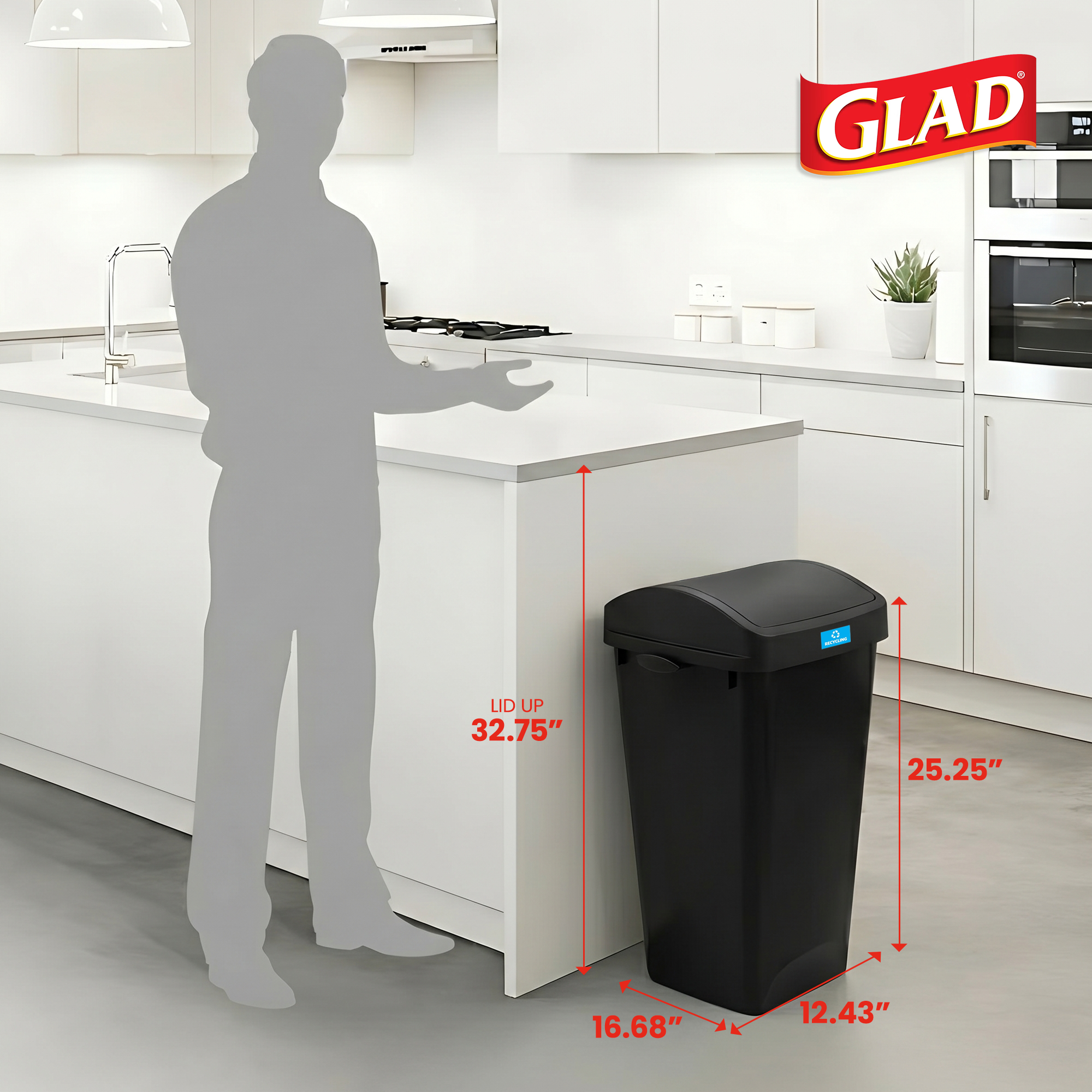 Glad Link & Sort 12 Gallon Plastic Waste and Recycling Bin with Lid, Black
