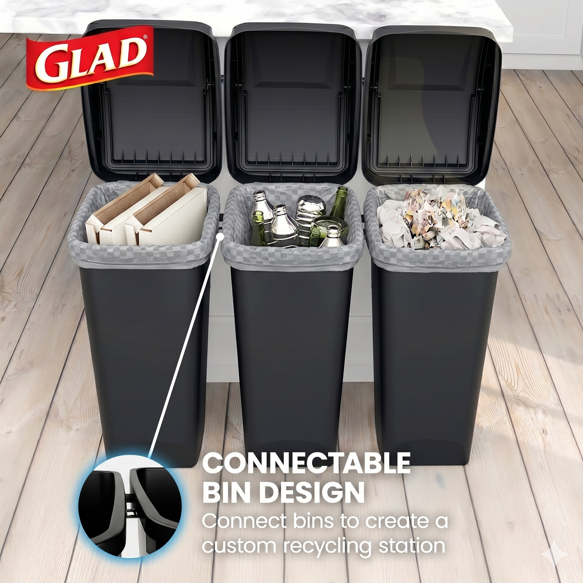 Glad Link & Sort 12 Gallon Plastic Waste and Recycling Bin with Lid, Black