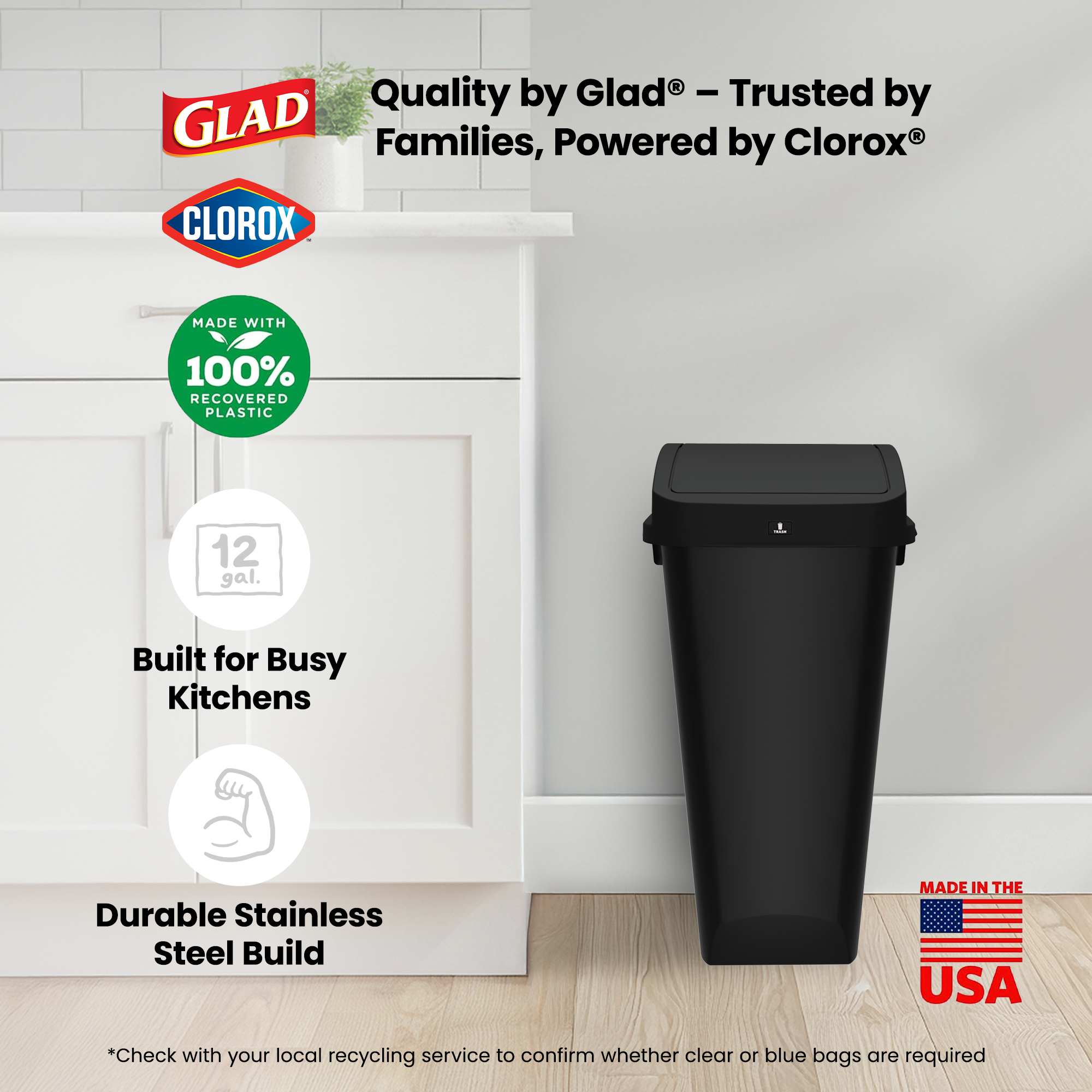 Glad Link & Sort 12 Gallon Plastic Waste and Recycling Bin with Lid, Black