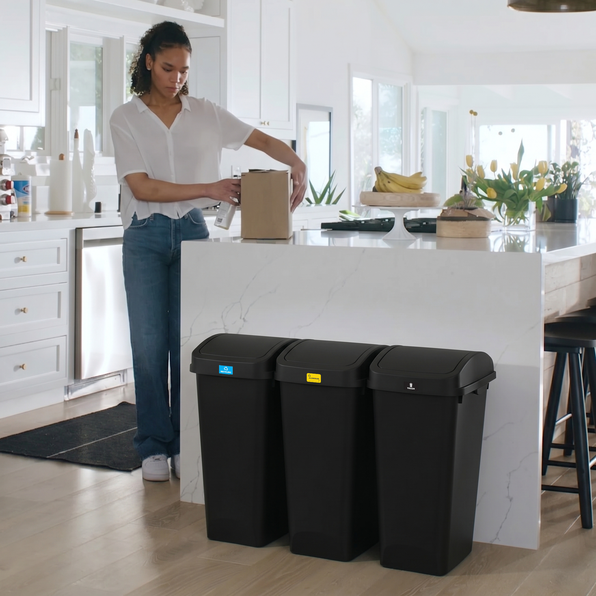 Glad Link & Sort 12 Gallon Plastic Waste and Recycling Bin with Lid, Black