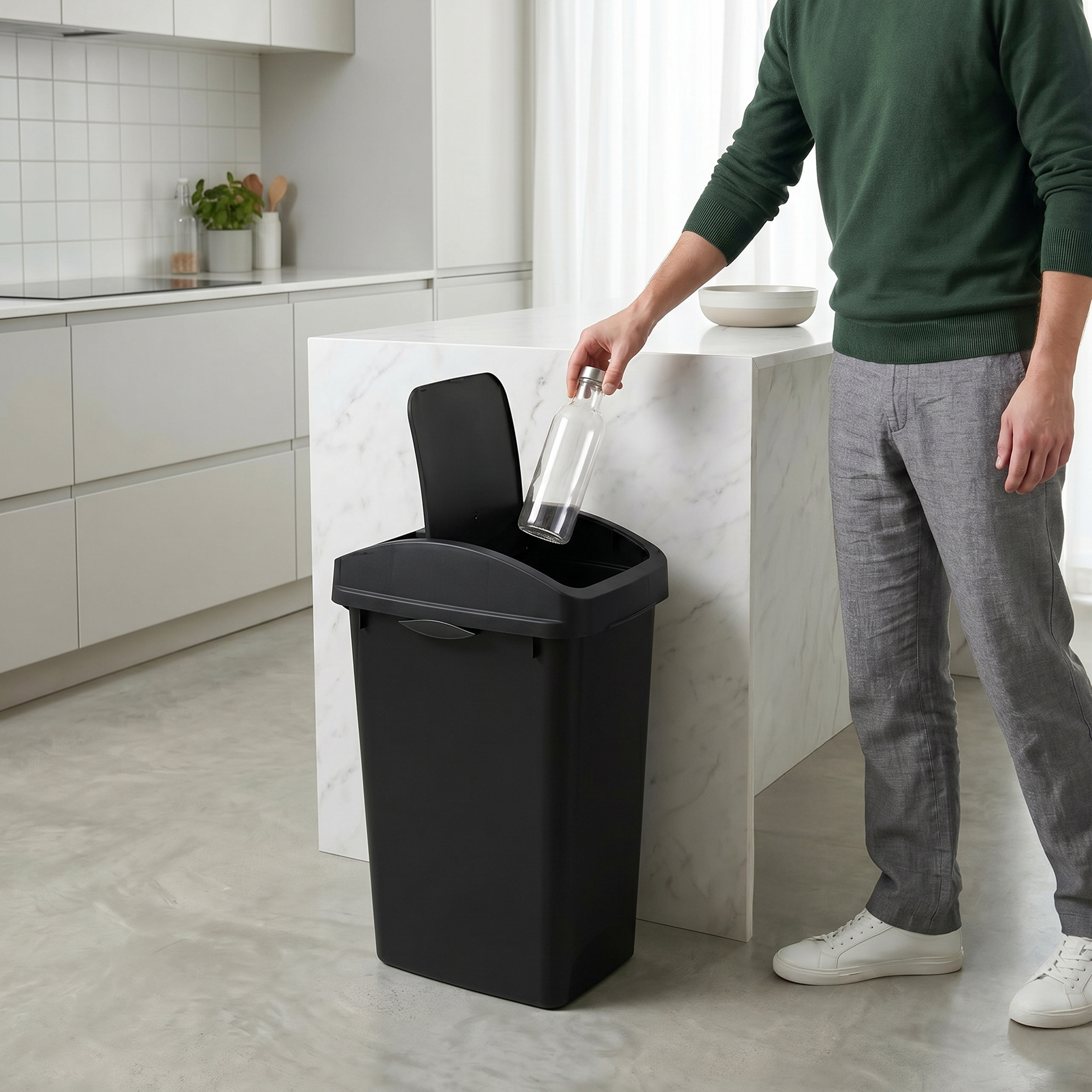 Glad Link & Sort 12 Gallon Plastic Waste and Recycling Bin with Lid, Black