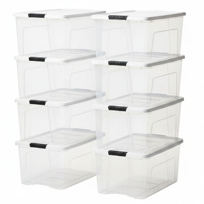 IRIS USA 8 Pack Stackable Plastic Storage Bins with Lids, 72 Quart, Clear/White