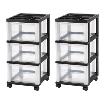 IRIS USA 2 Pack 3-Drawer Plastic Storage Organizer Cart with Caster Wheels